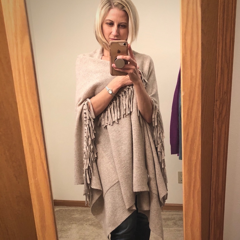 White + Warren Beige Fringe Wrap 100% Cashmere